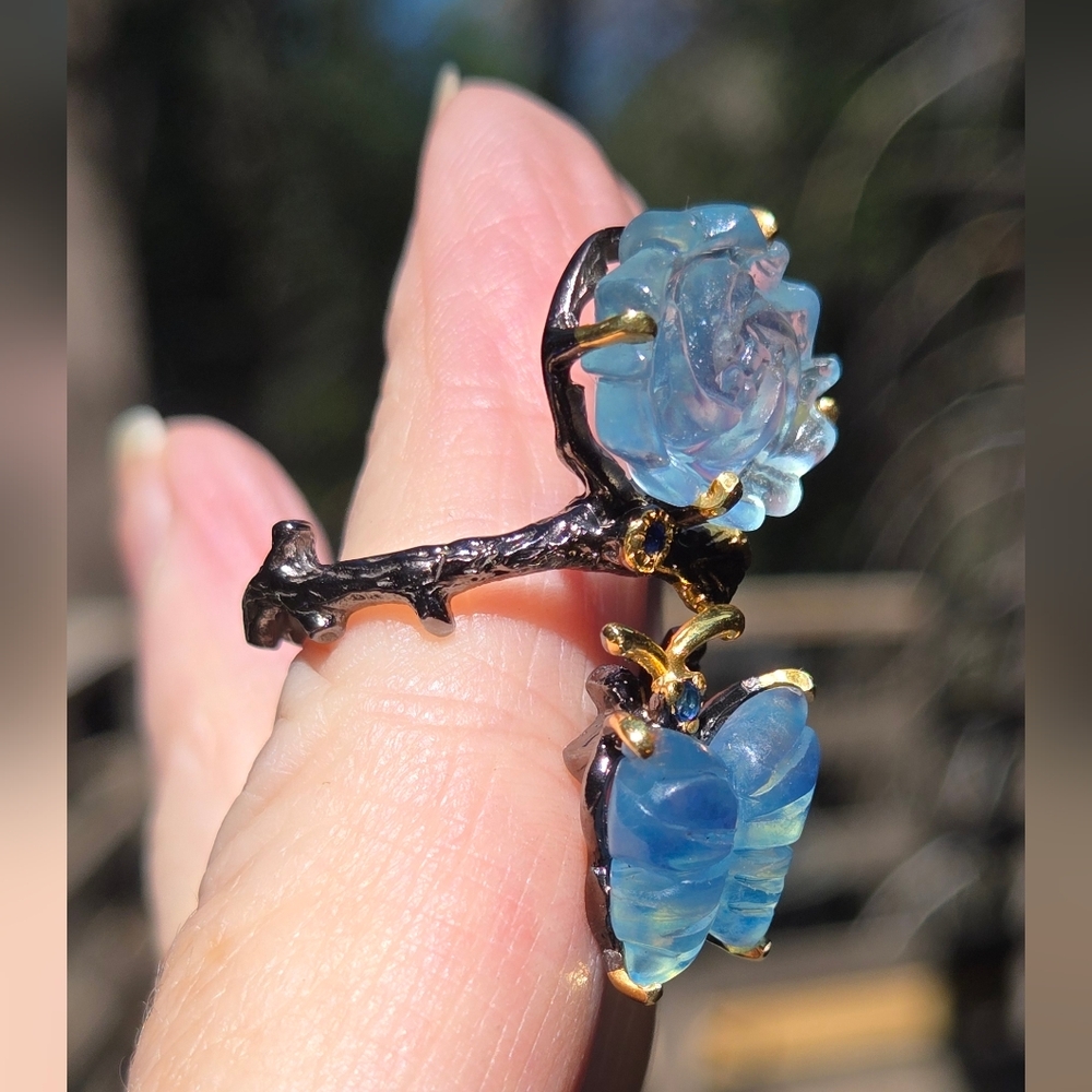 Aquamarine Butterfly & Flower Sterling Rhodium & Gold Ring Sz9 Adjustable - Picture 12 of 14